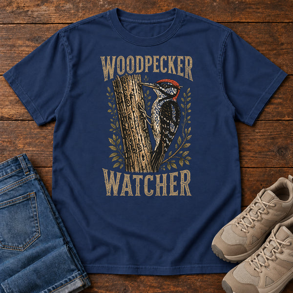Woodpecker Watcher T-shirt in True Navy, front view