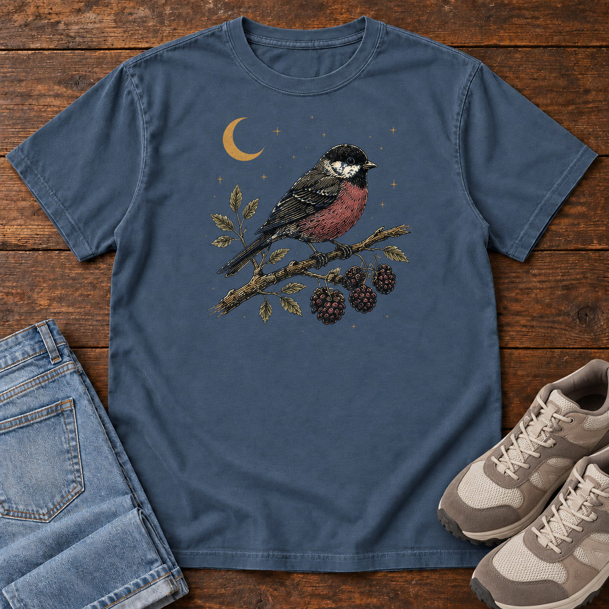 Chickadee and Brambles T-shirt in Midnight