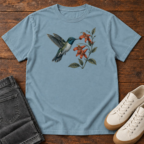 Hummingbird and Trumpet Creeper T-shirt in Ice Blue, front view