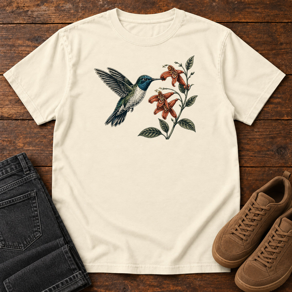 Hummingbird and Trumpet Creeper T-shirt in Ivory