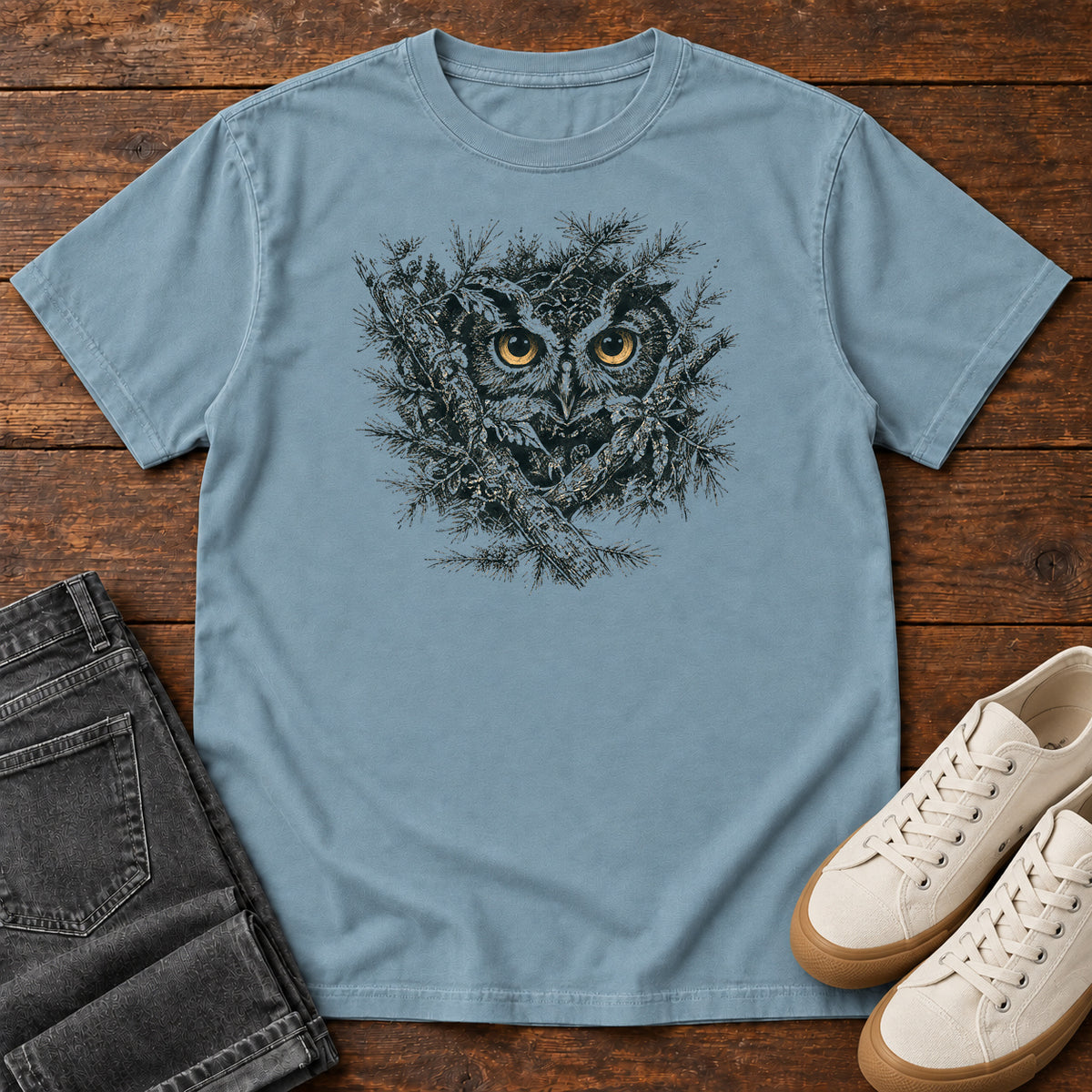 Owl in the Thicket T-shirt in Ice Blue