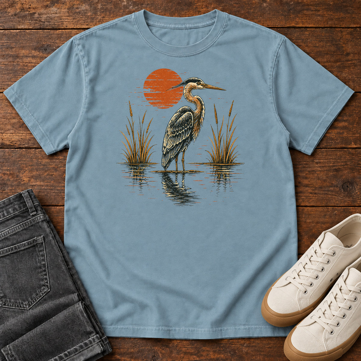 Heron at Red Sun T-shirt in Ice Blue