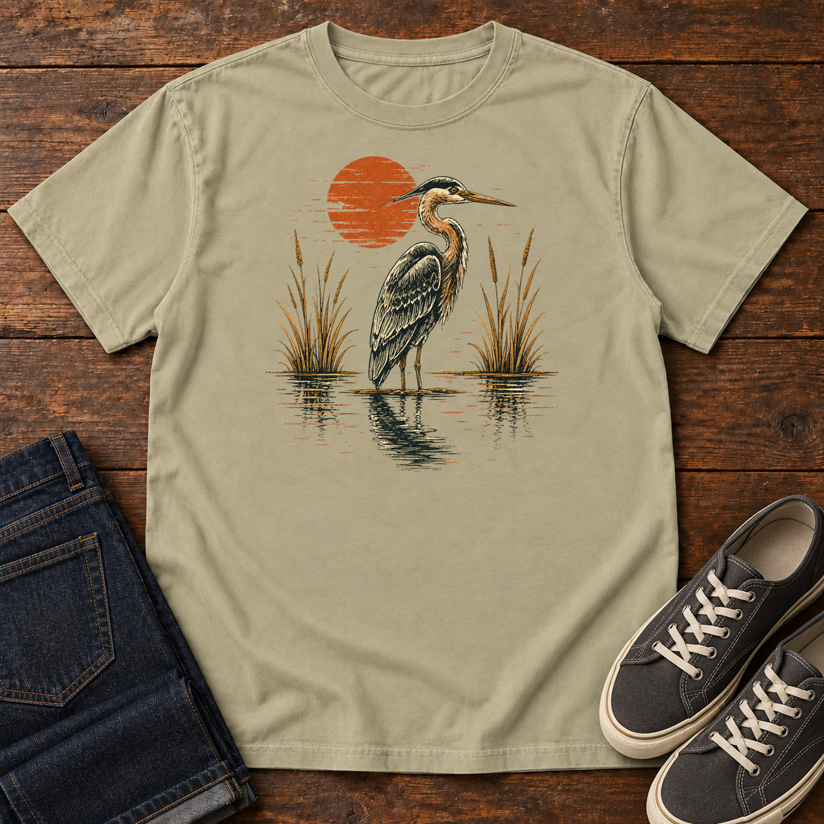 Heron at Red Sun T-shirt in Khaki