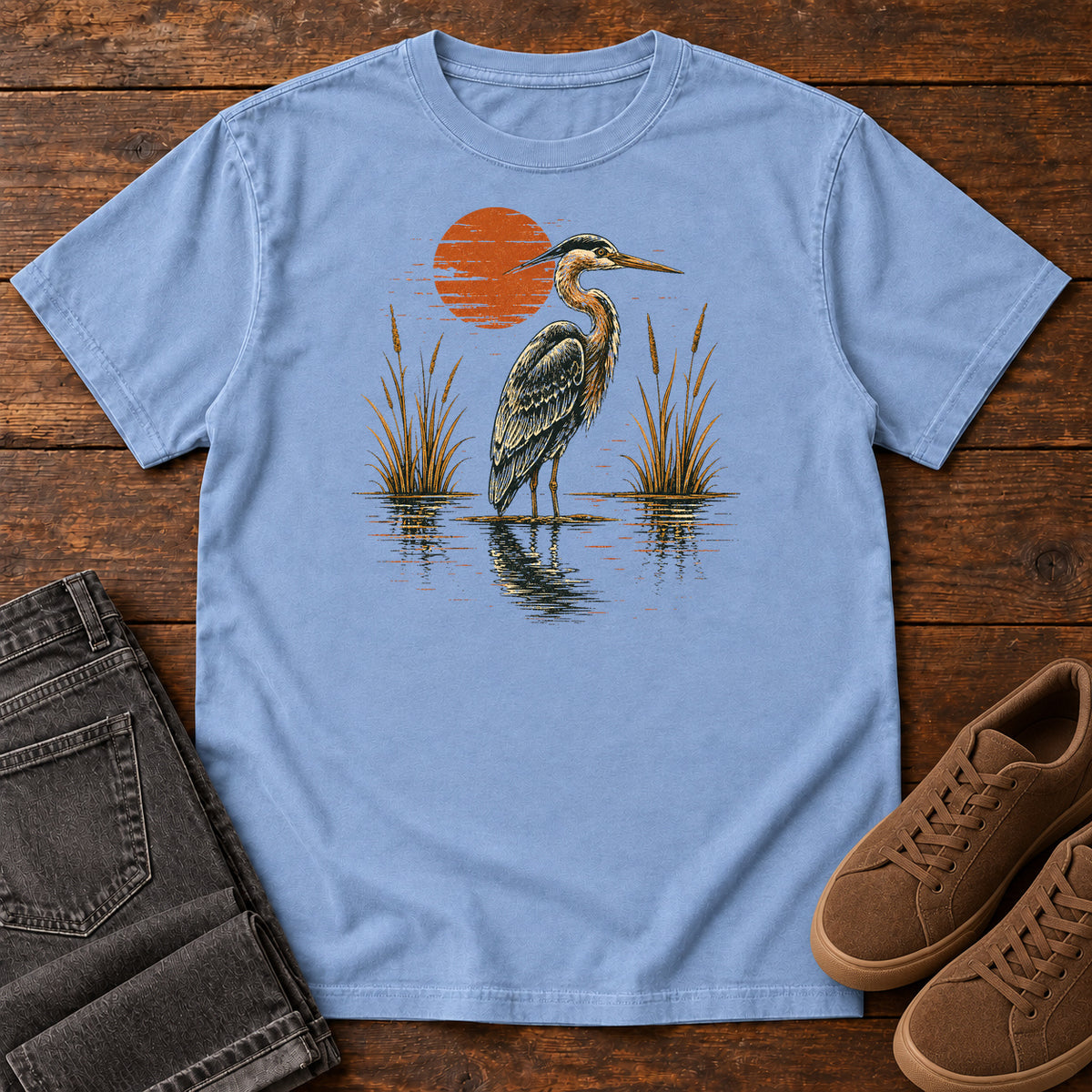 Heron at Red Sun T-shirt in Washed Denim