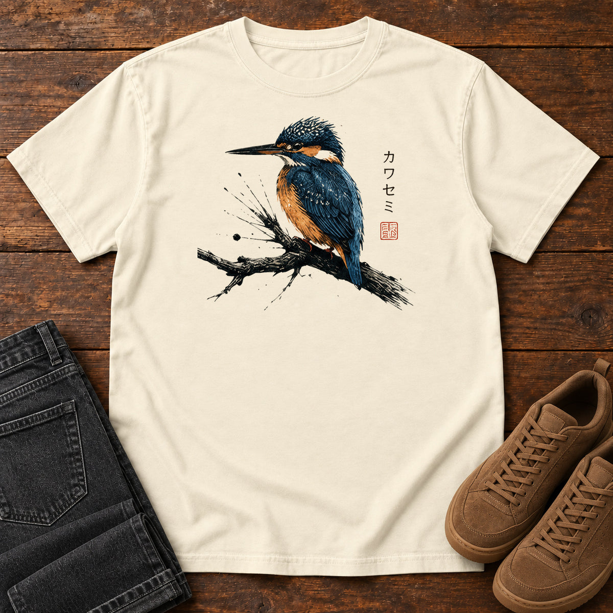 Kingfisher on the Branch T-shirt in Ivory