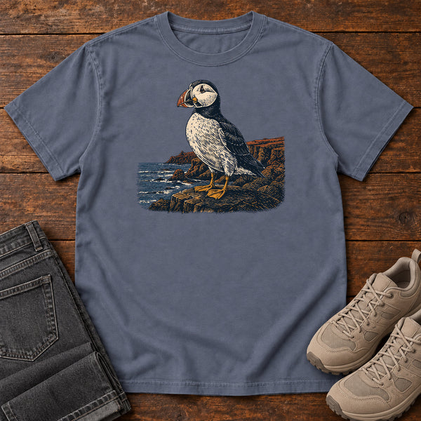 Puffin on the Coast T-shirt in Denim, front view