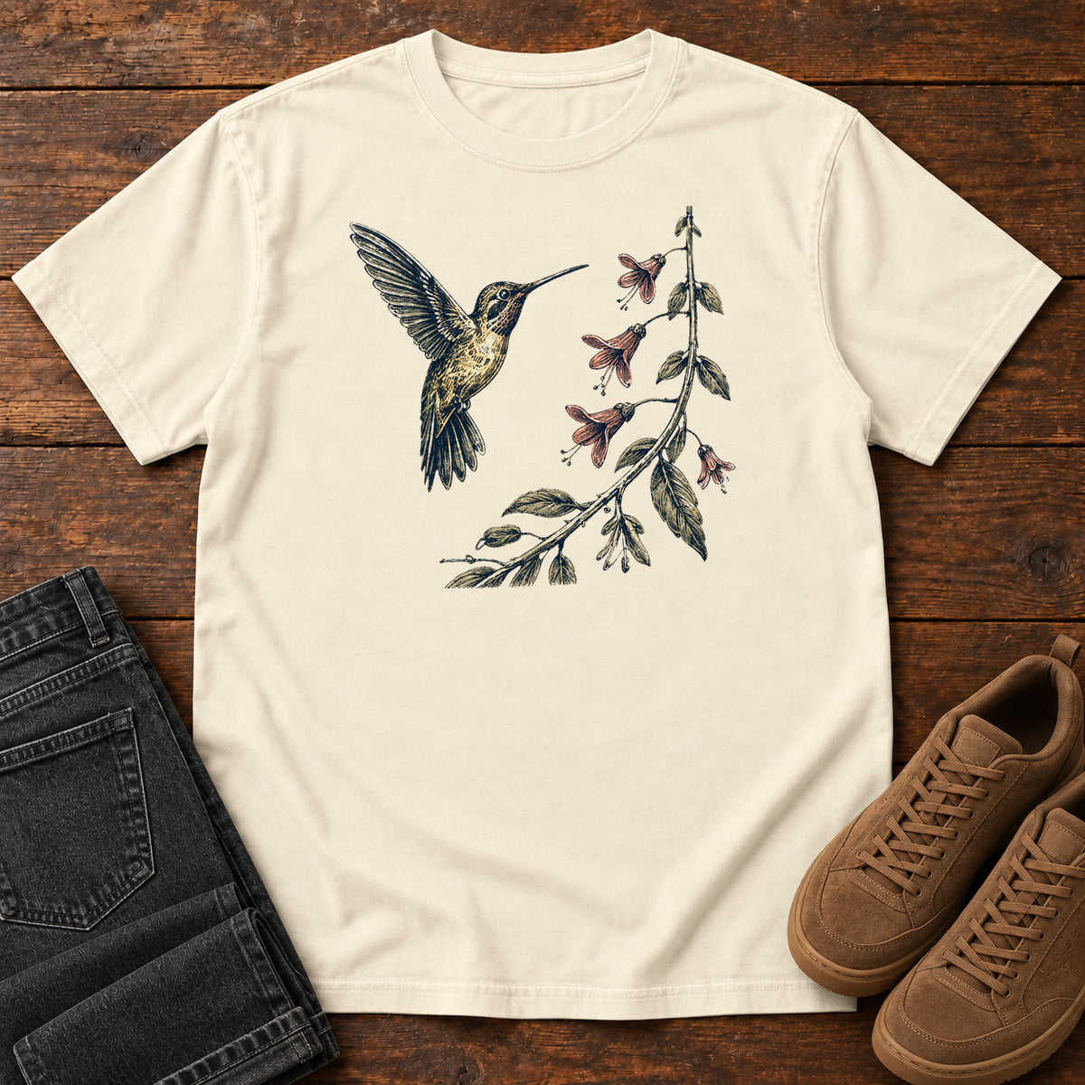 Hummingbird and Bellflower T-shirt in Ivory
