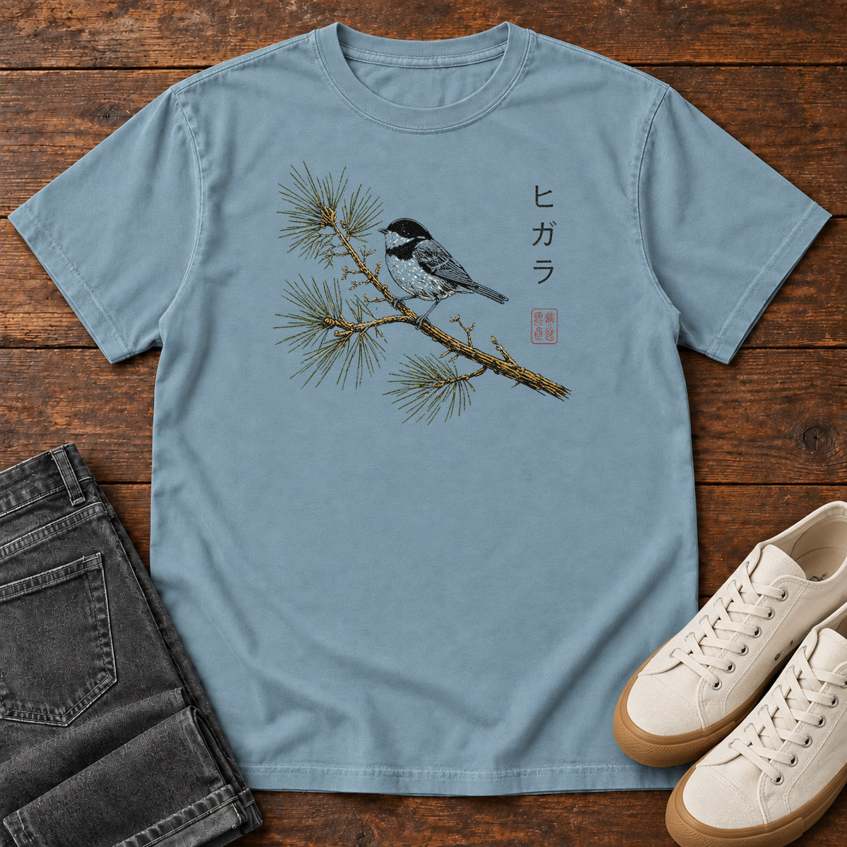 Chickadee on the Pine T-shirt in Ice Blue