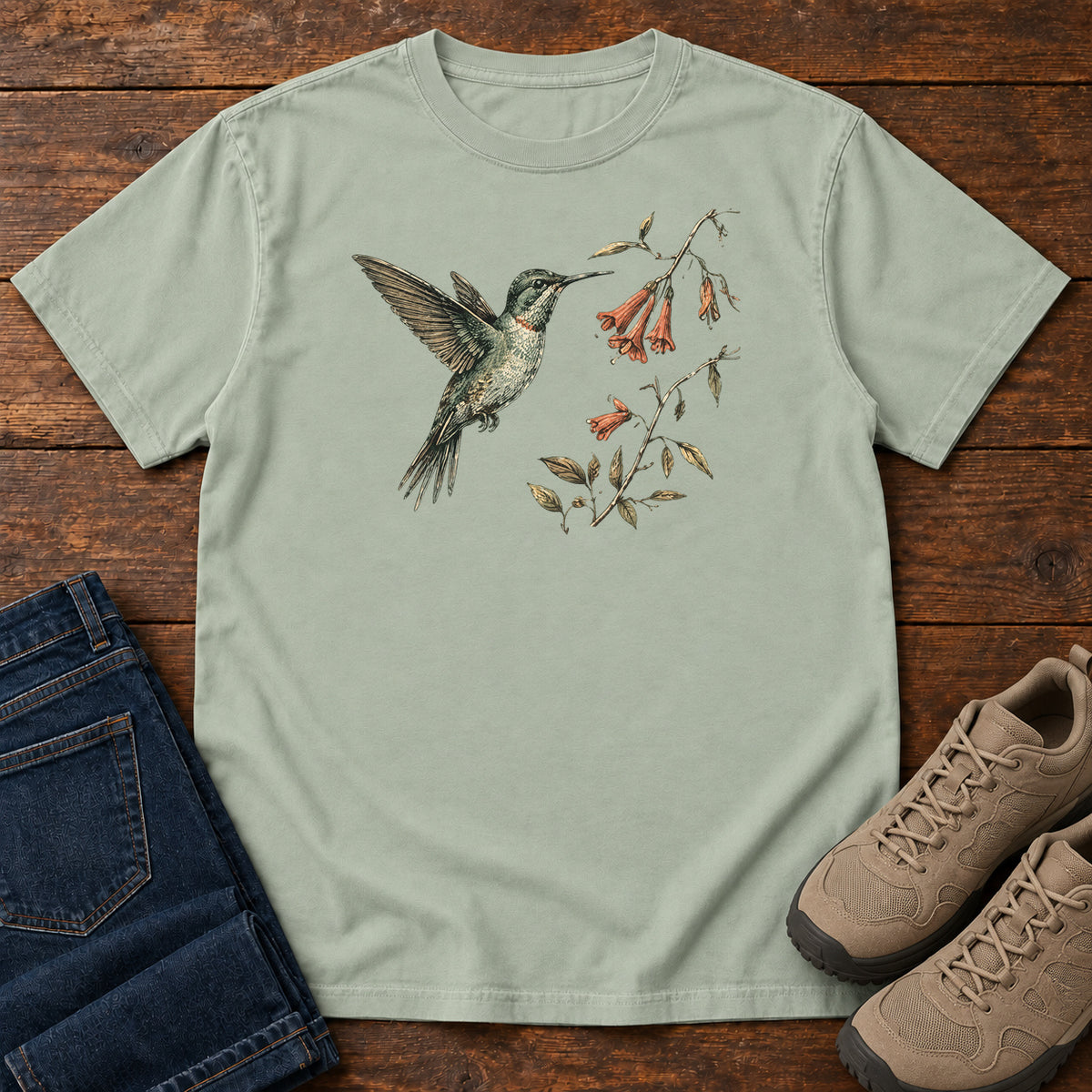 Hummingbird and Honeysuckle T-shirt in Bay