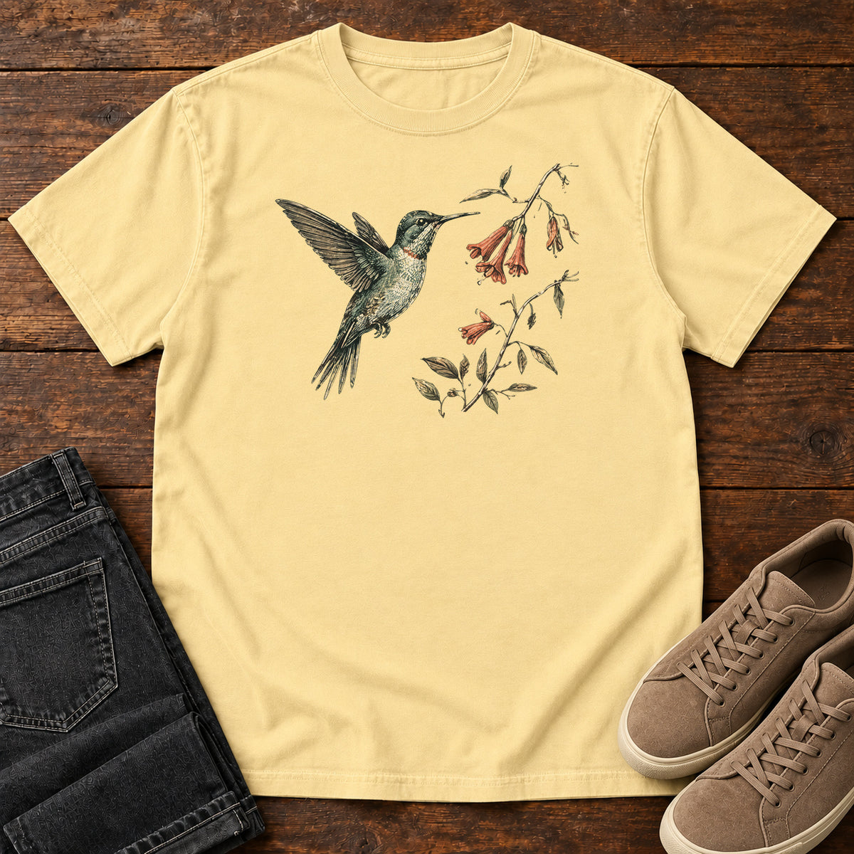 Hummingbird and Honeysuckle T-shirt in Butter