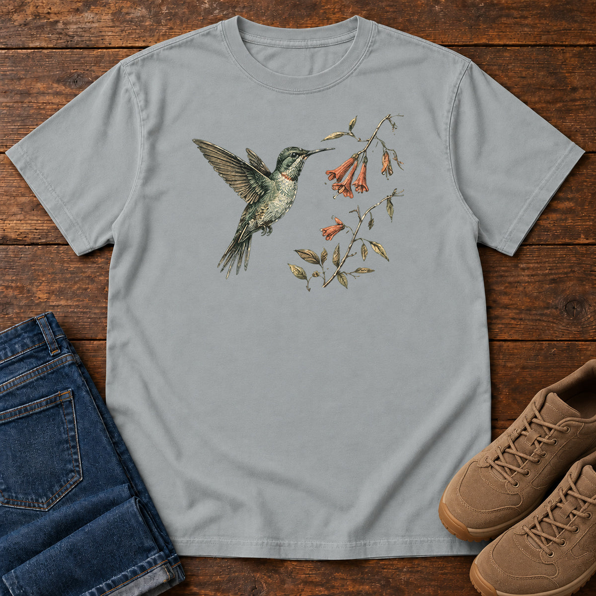 Hummingbird and Honeysuckle T-shirt in Granite