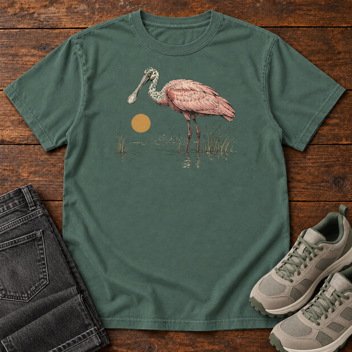 Spoonbill at Dawn T-shirt in Blue Spruce