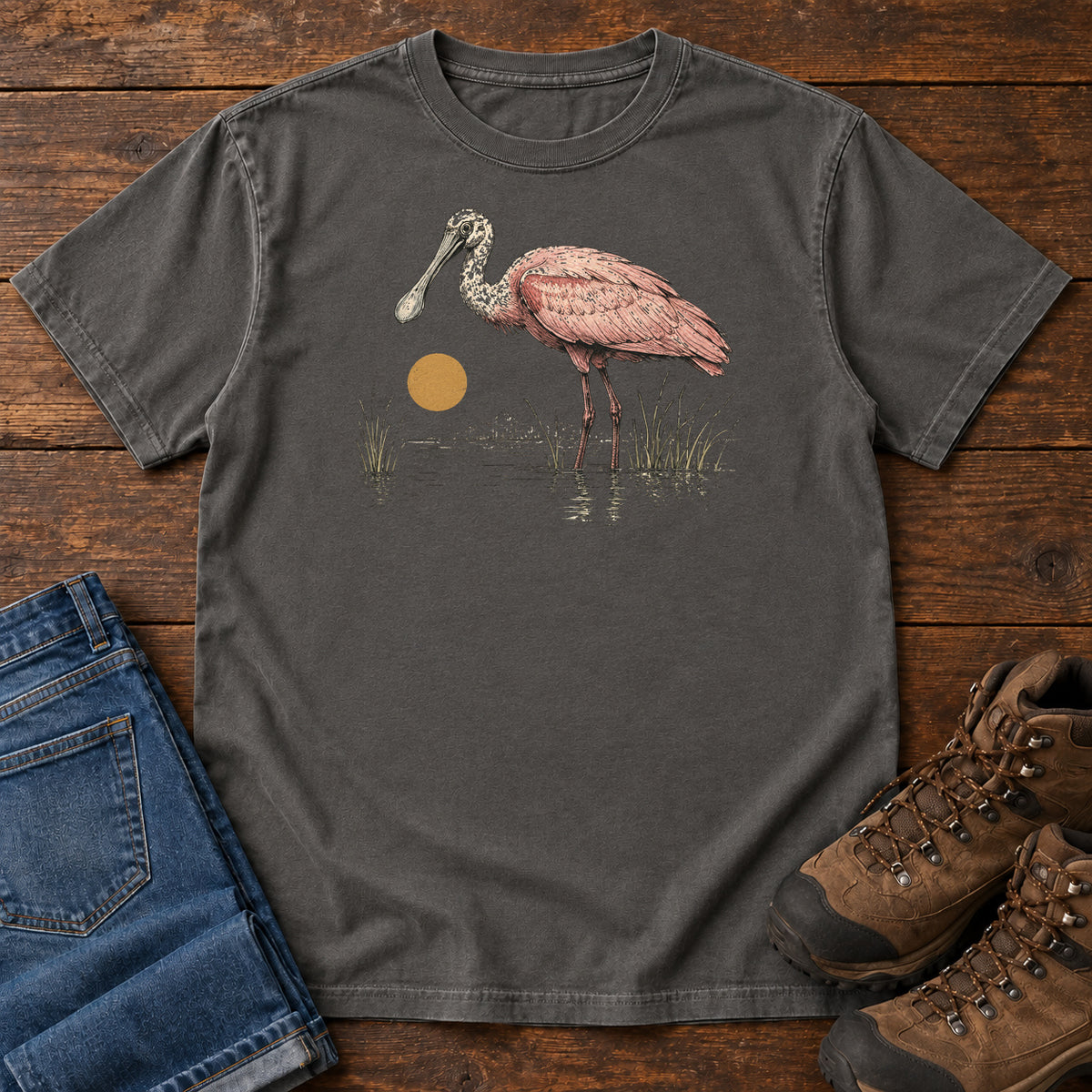 Spoonbill at Dawn T-shirt in Pepper