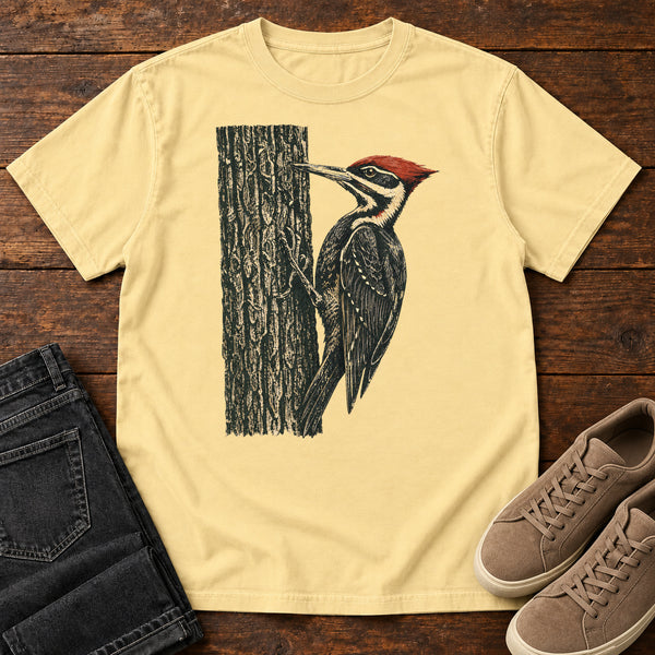Woodpecker at Work T-shirt in Butter, front view