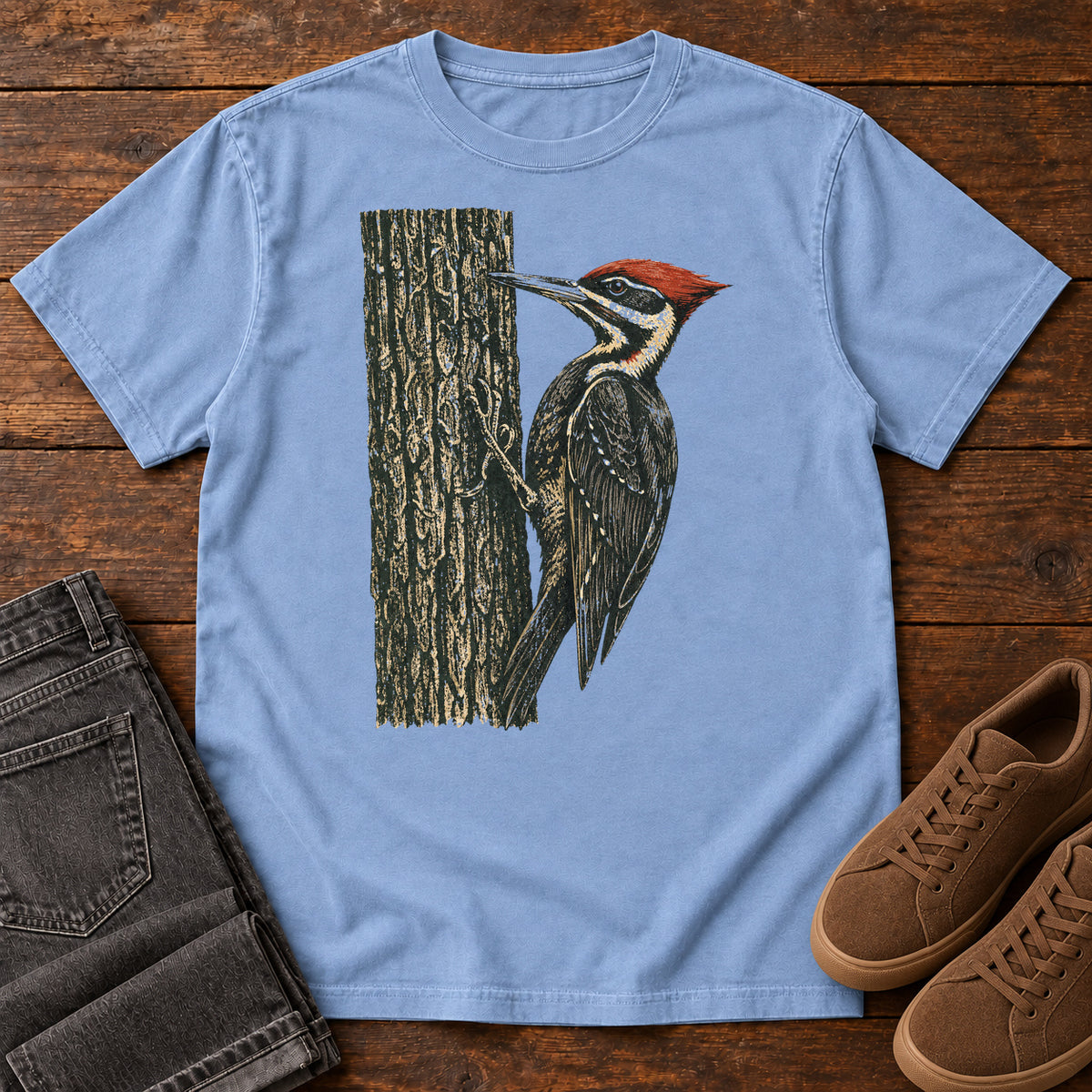 Woodpecker at Work T-shirt in Washed Denim