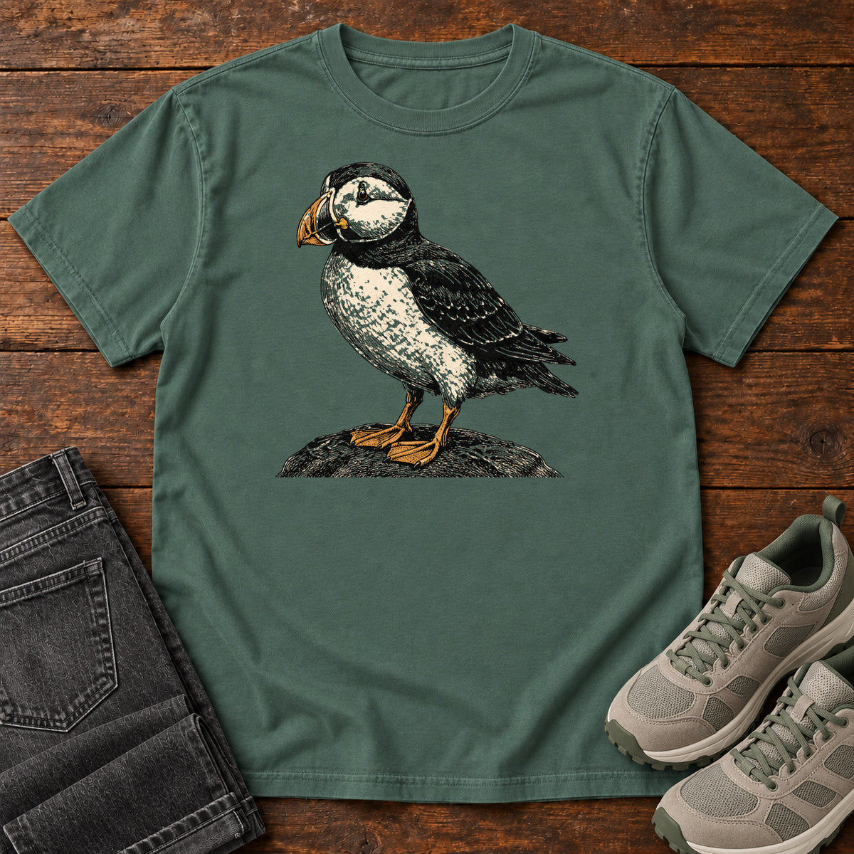 Puffin on the Rocks T-shirt in Blue Spruce