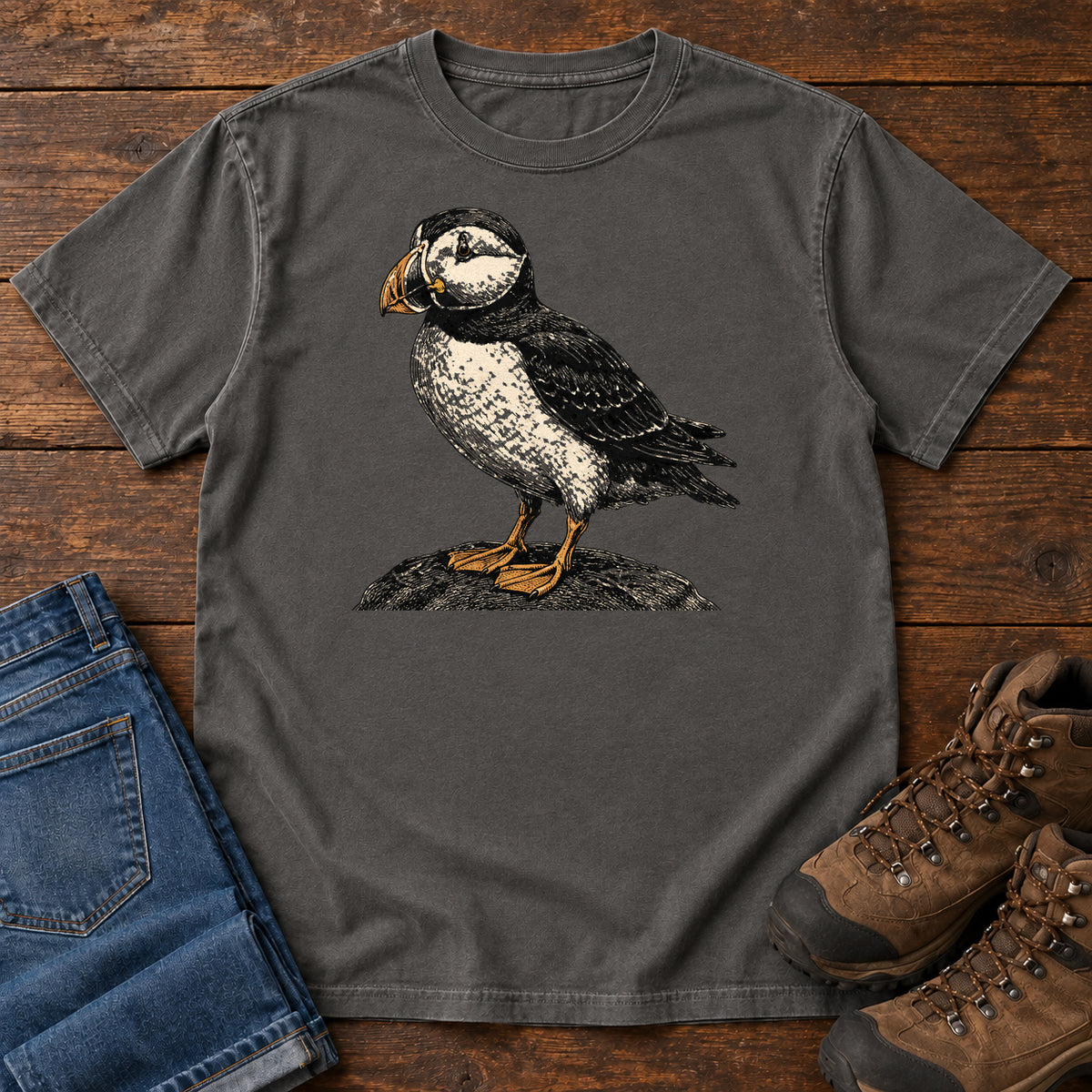 Puffin on the Rocks T-shirt in Pepper