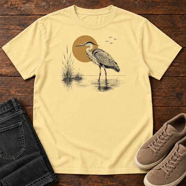 Heron at Sunrise T-shirt in Butter, front view
