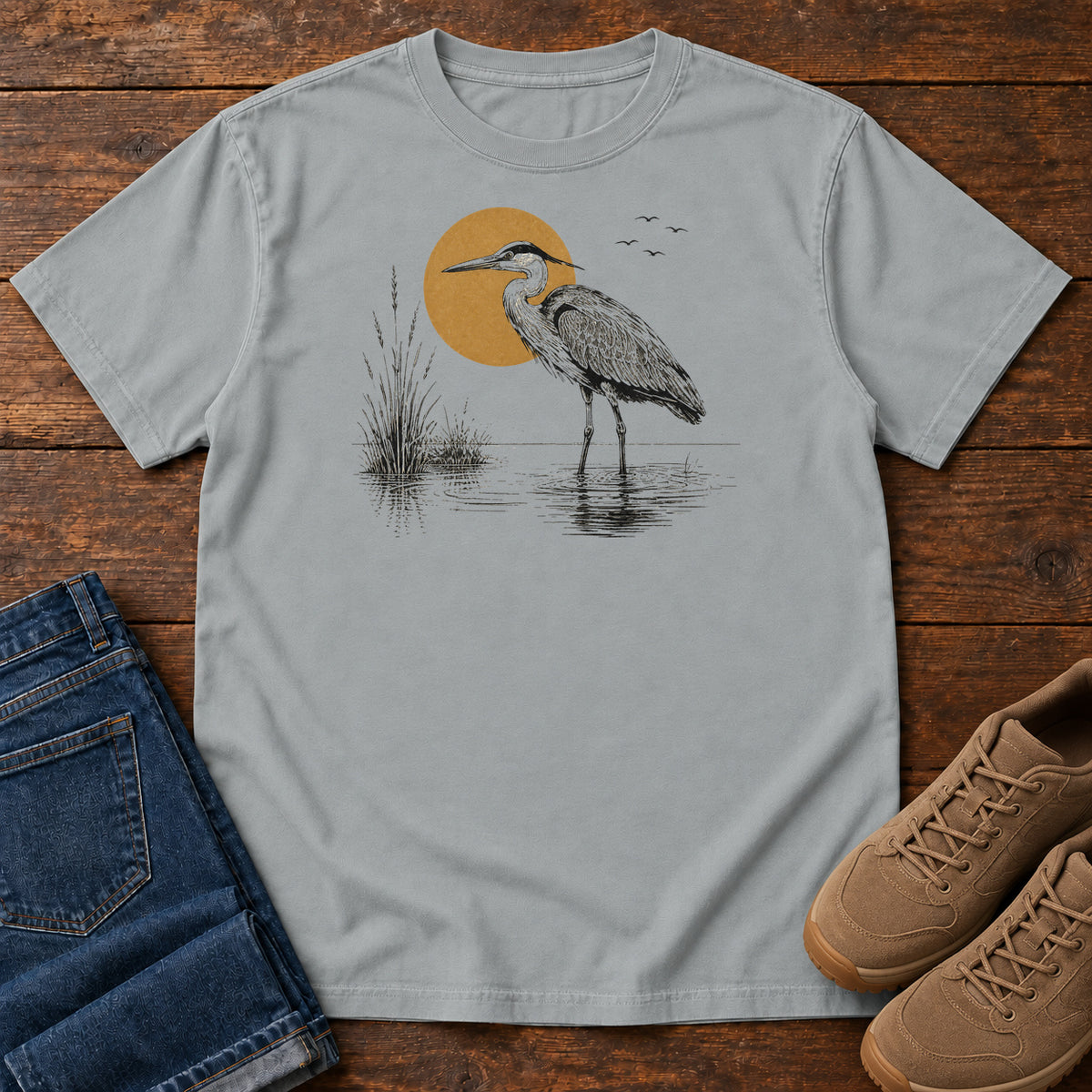 Heron at Sunrise T-shirt in Granite