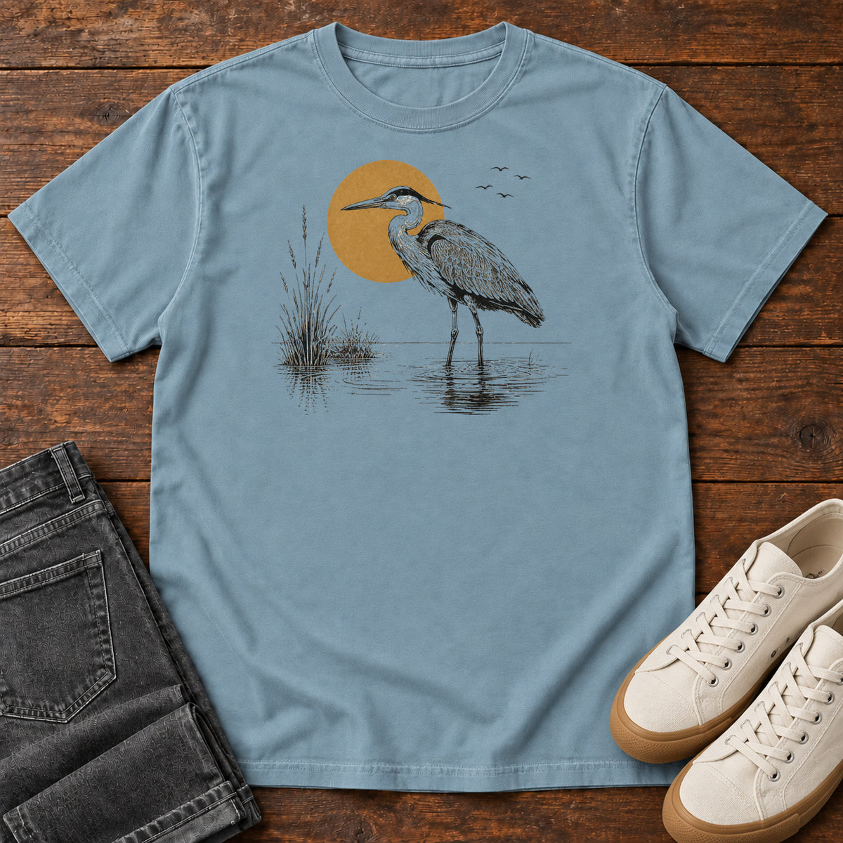 Heron at Sunrise T-shirt in Ice Blue