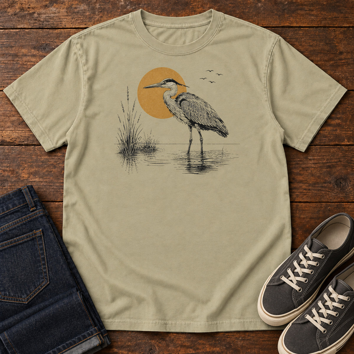 Heron at Sunrise T-shirt in Khaki