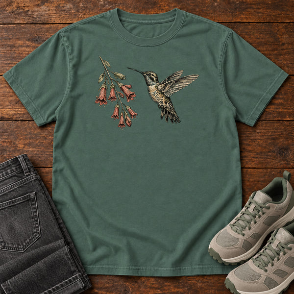 Hummingbird at the Trumpet Vine T-shirt in Blue Spruce, front view