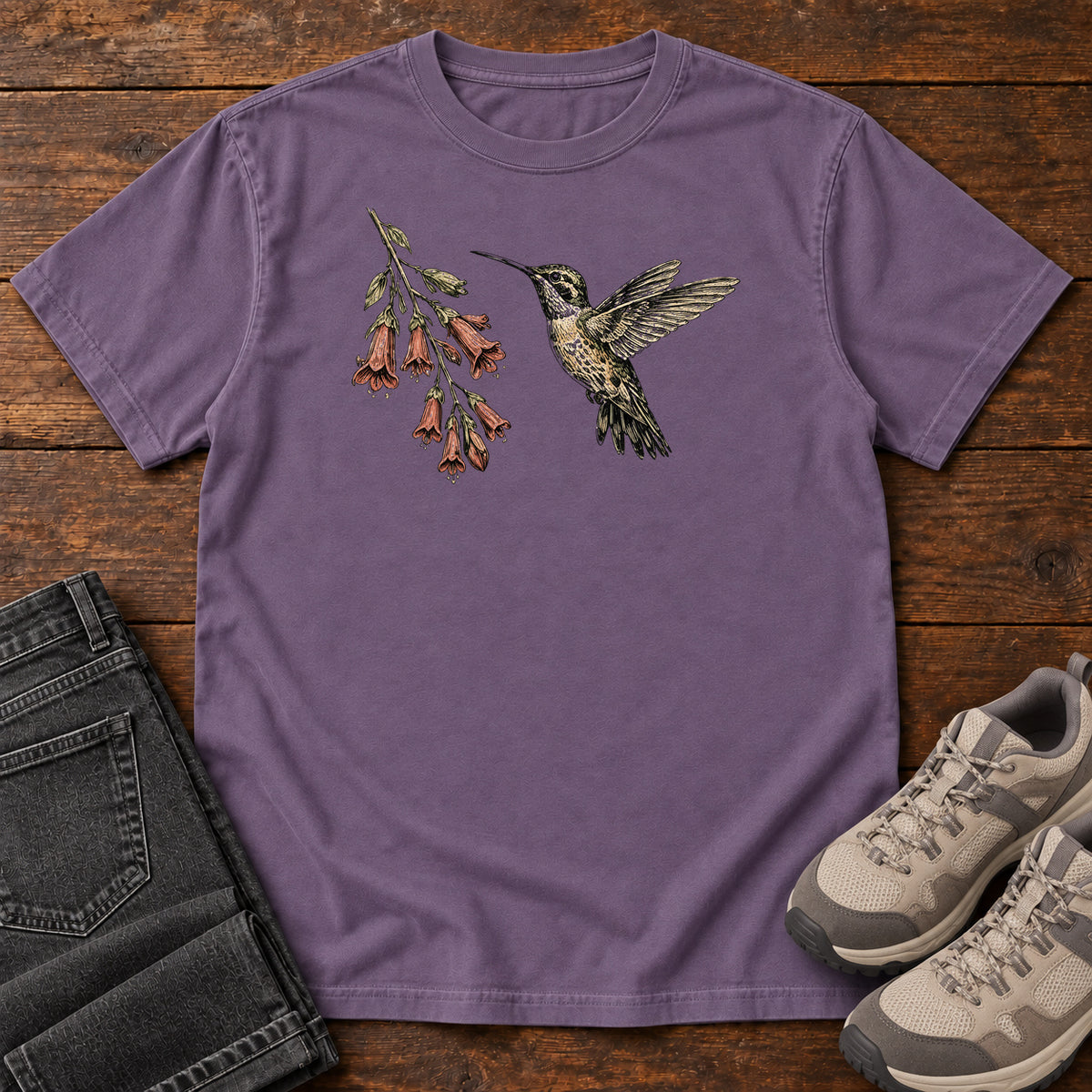 Hummingbird at the Trumpet Vine T-shirt in Grape