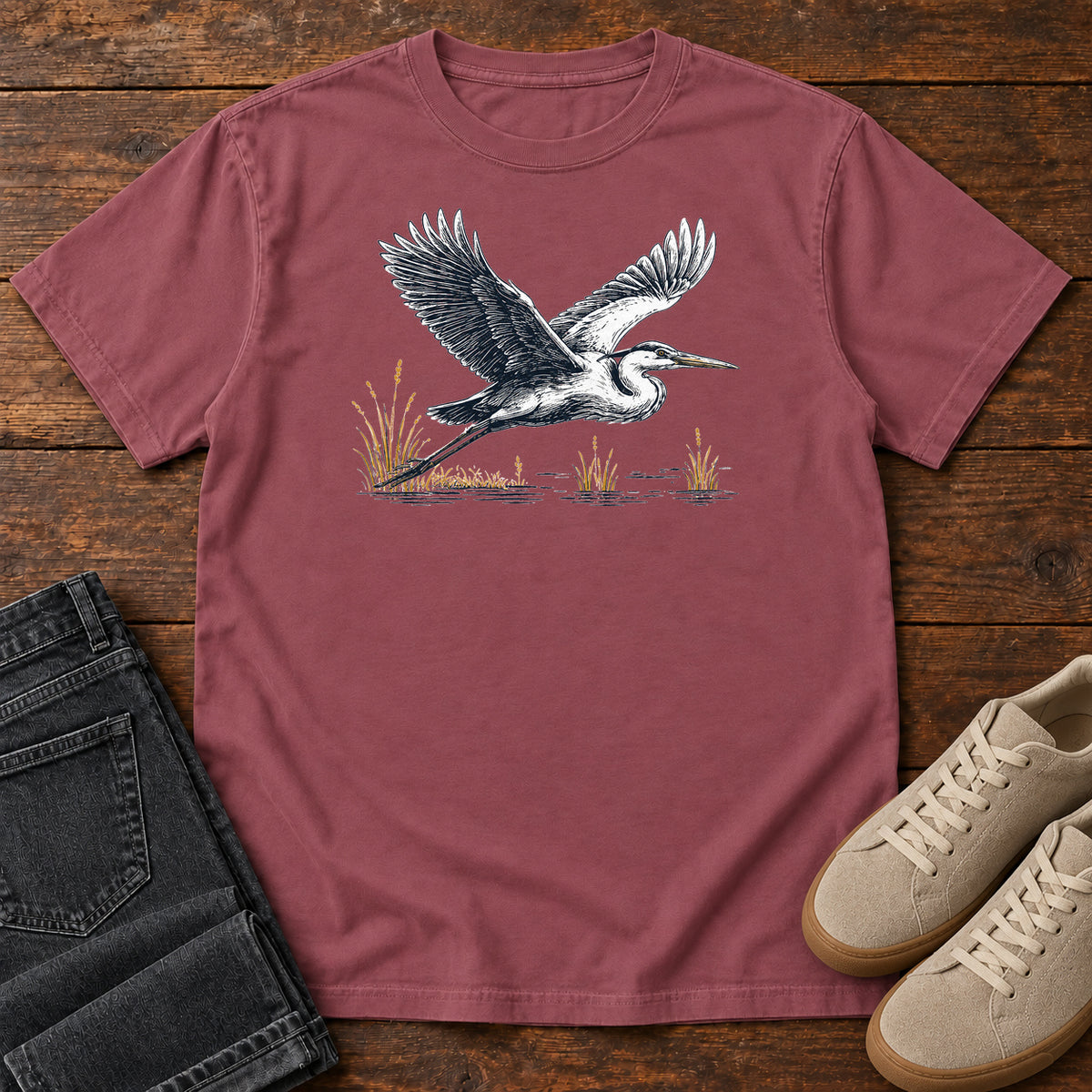 Heron in Flight T-shirt in Brick