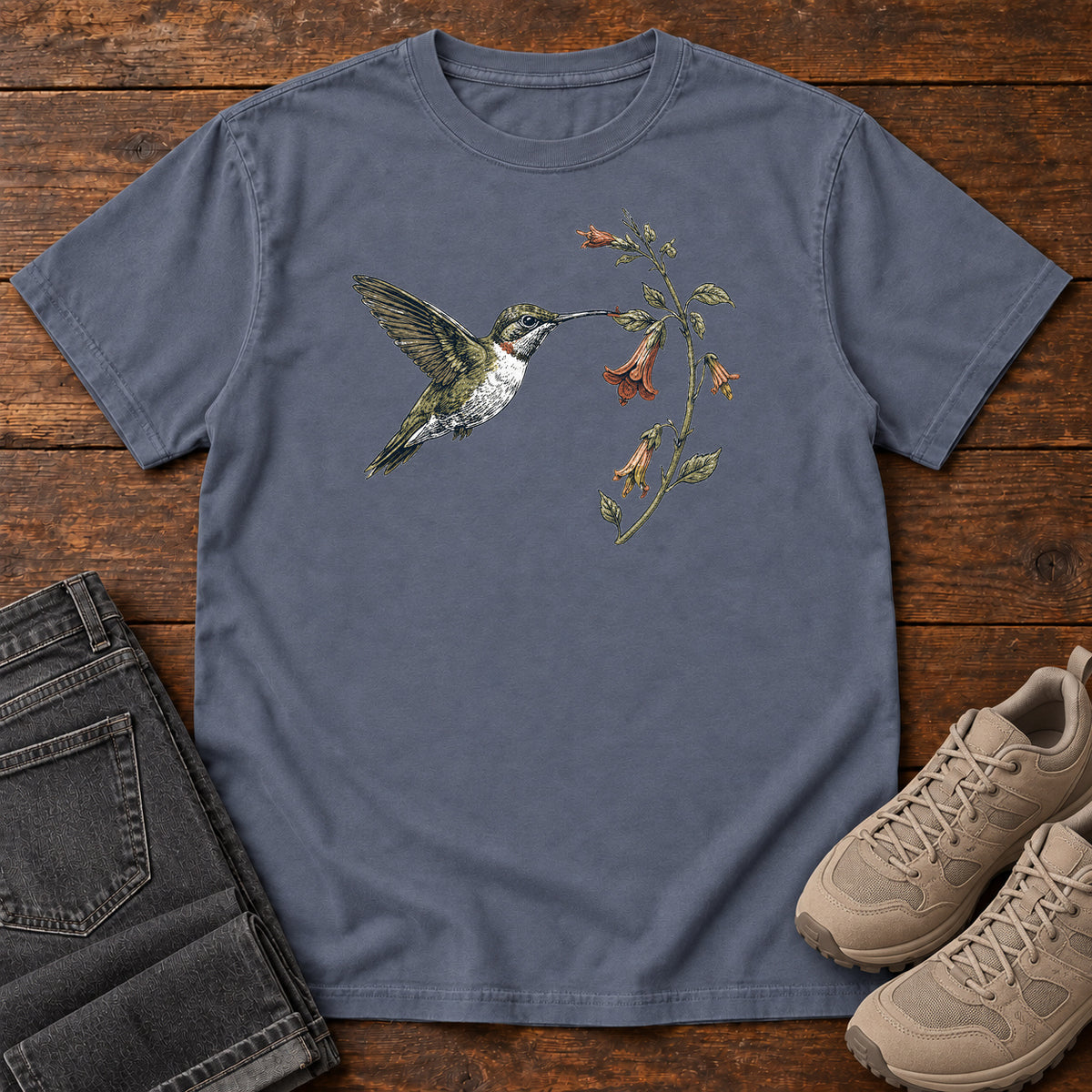 Hummingbird and Trumpet Flower T-shirt in Denim