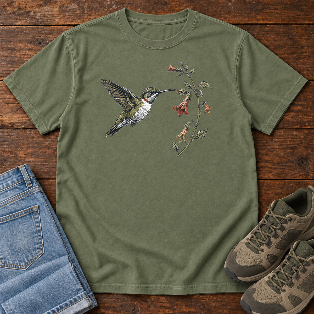 Hummingbird and Trumpet Flower T-shirt in Moss
