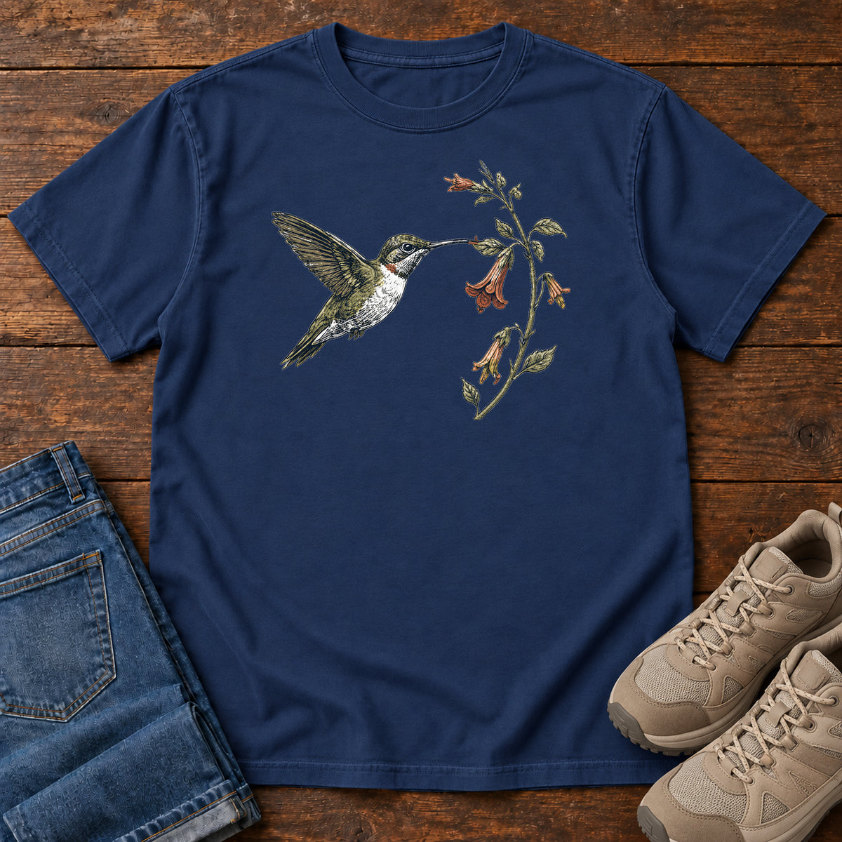 Hummingbird and Trumpet Flower T-shirt in True Navy
