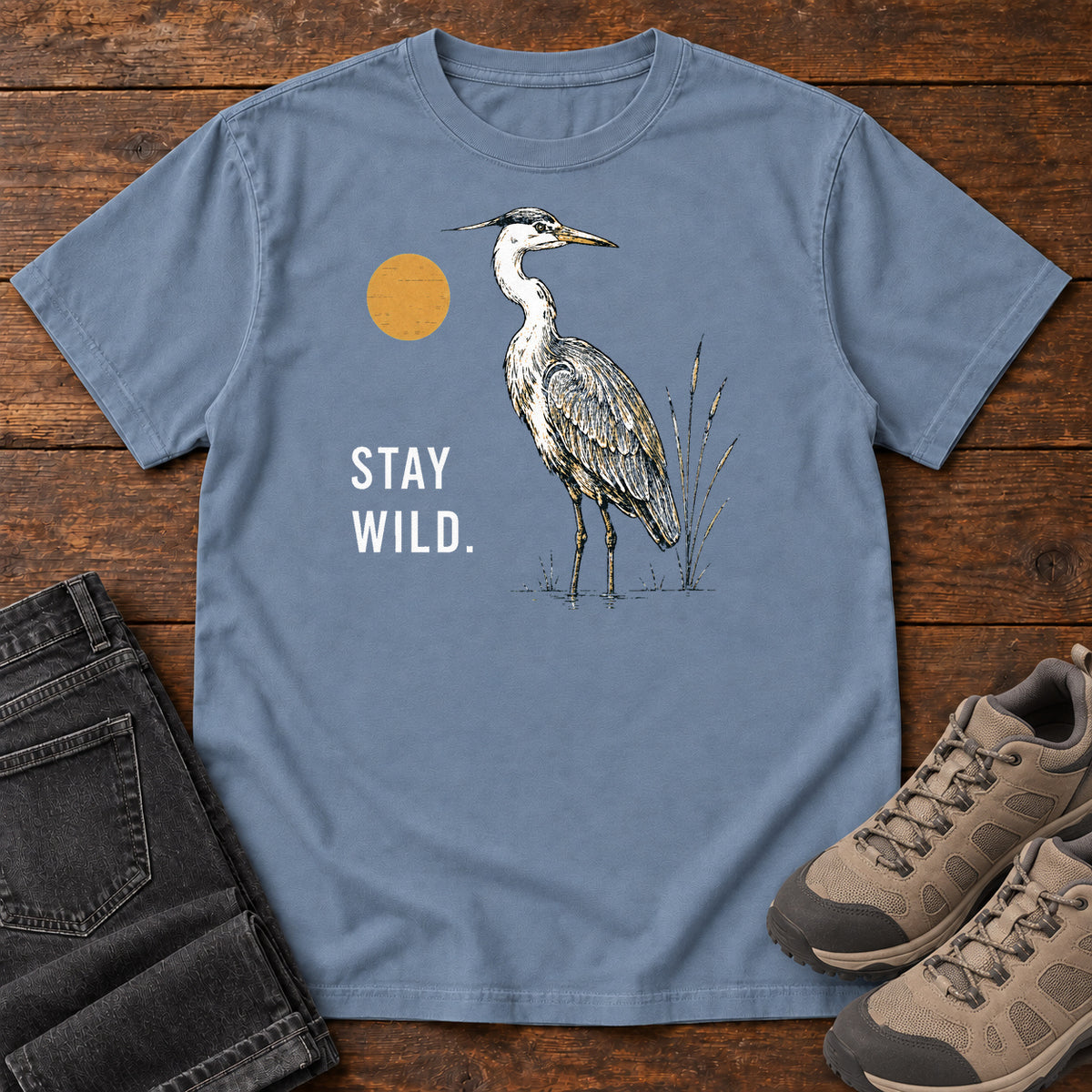 Stay Wild Heron T-shirt in Blue Jean