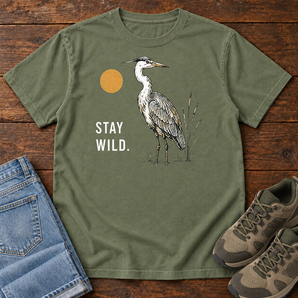 Stay Wild Heron T-shirt in Moss, front view