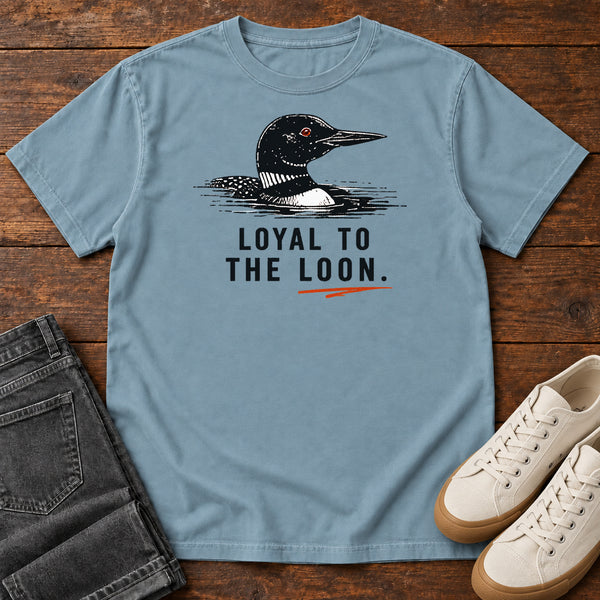 Loyal to the Loon T-shirt in Ice Blue, front view