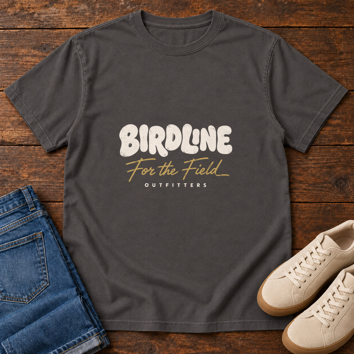 Graphite Birdline For the Field T-shirt with cream Birdline lettering and gold For the Field script, front flat lay on wood.