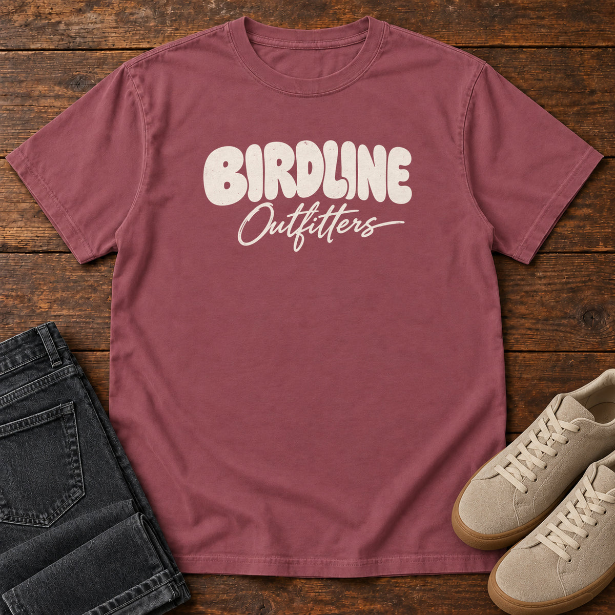 Brick Birdline Outfitters Script T-shirt with cream rounded block lettering above flowing script; front flat lay on wood.