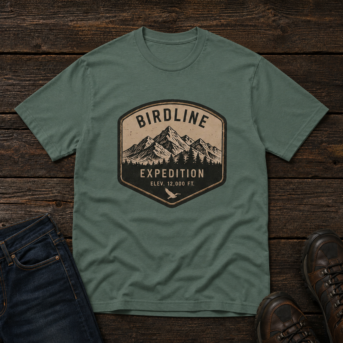 Birdline Expedition T-Shirt in Blue Spruce, front view