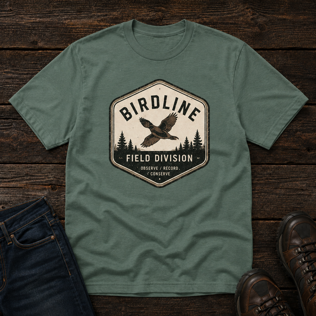 Birdline Field Division T-Shirt in Blue Spruce, front view