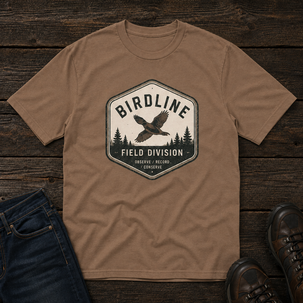 Birdline Field Division T-Shirt in Espresso, front view