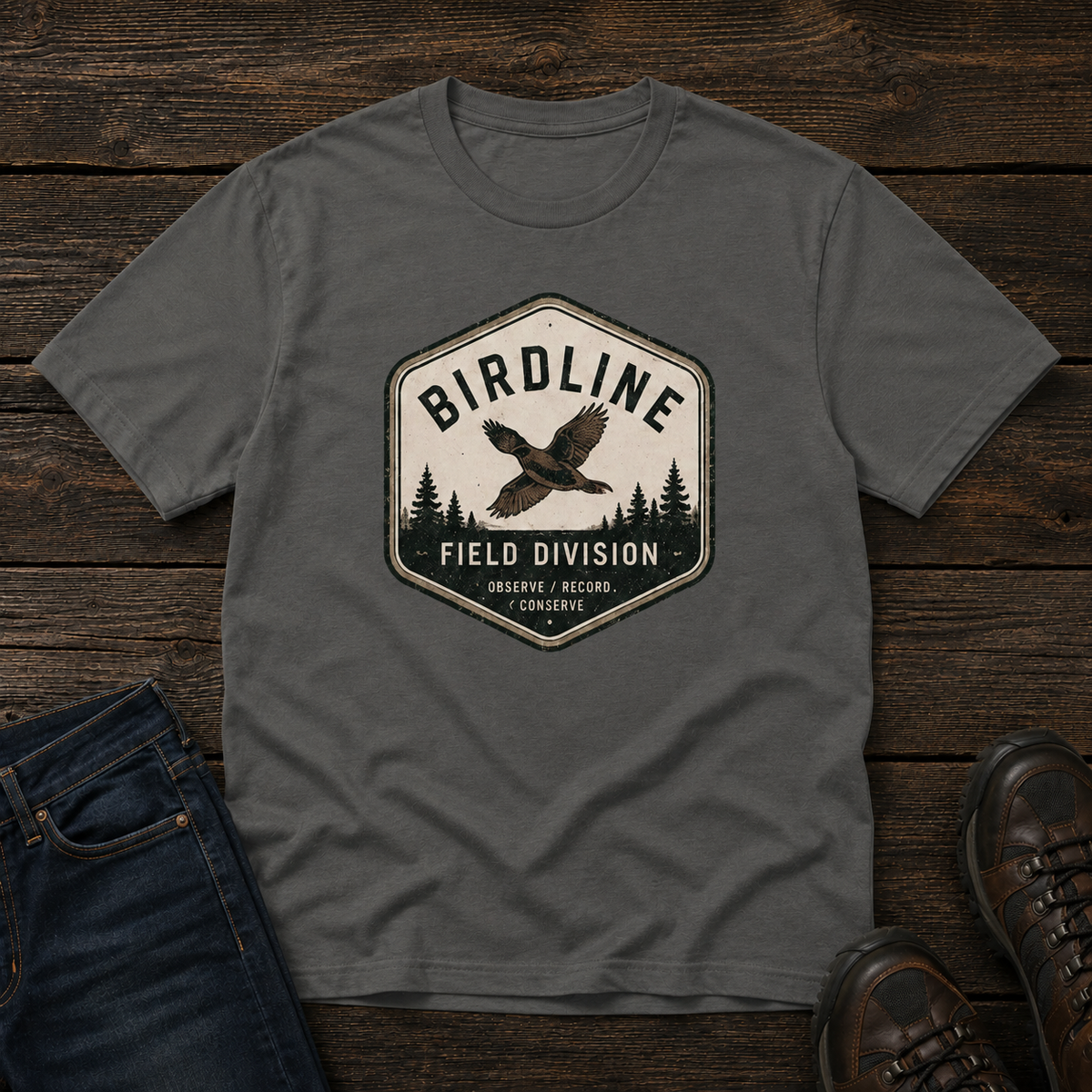 Birdline Field Division T-Shirt in Pepper, front view