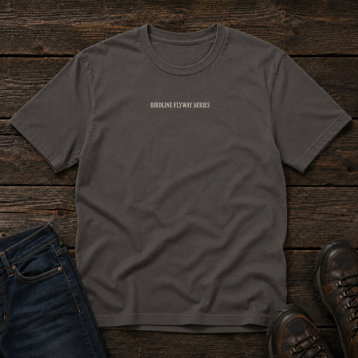 Flyway Series T-shirt in Graphite, front view