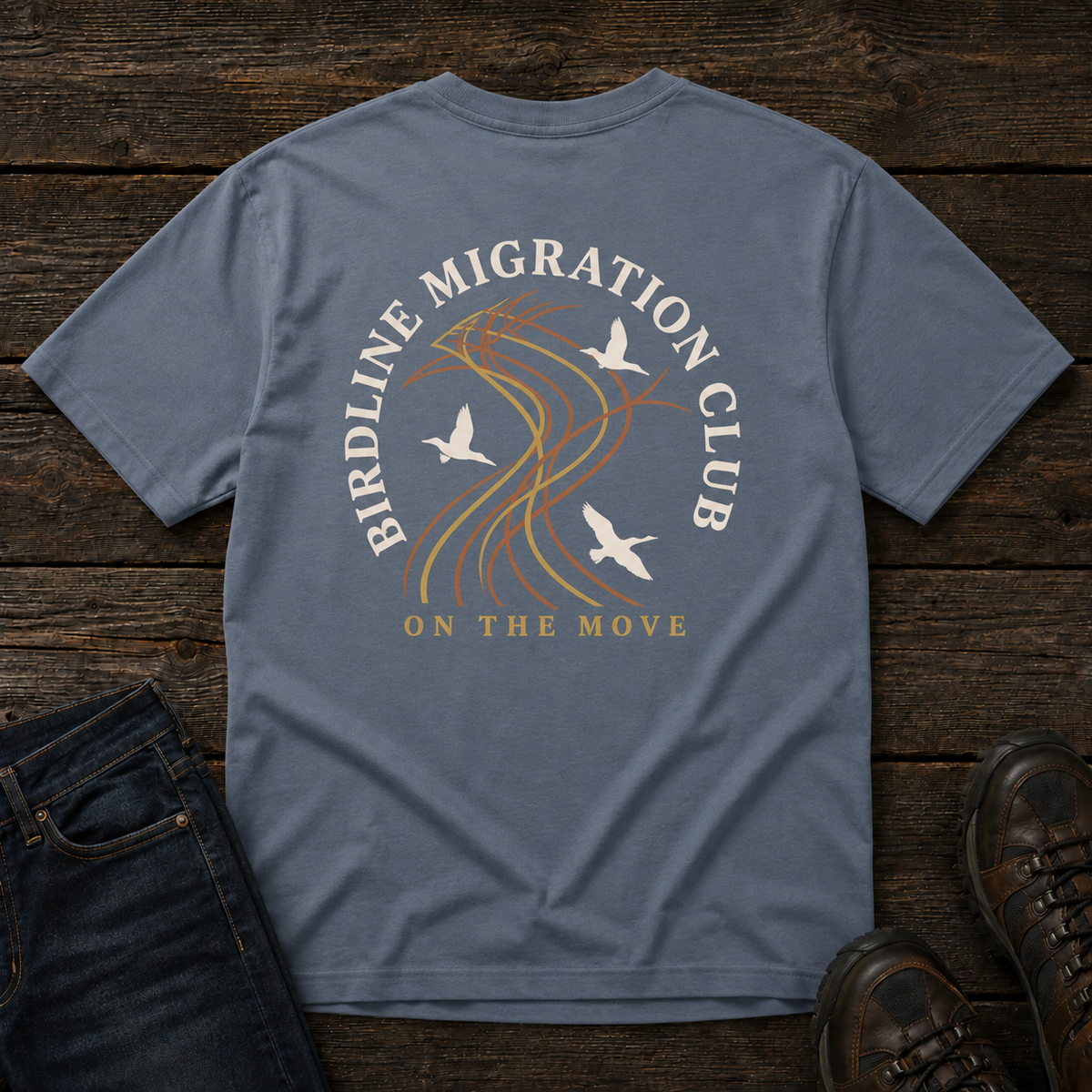 Migration Club T-shirt in Blue Jean, back view