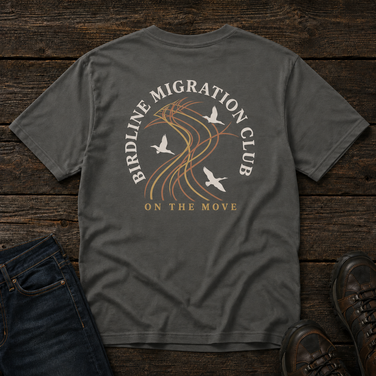 Migration Club T-shirt in Pepper, back view