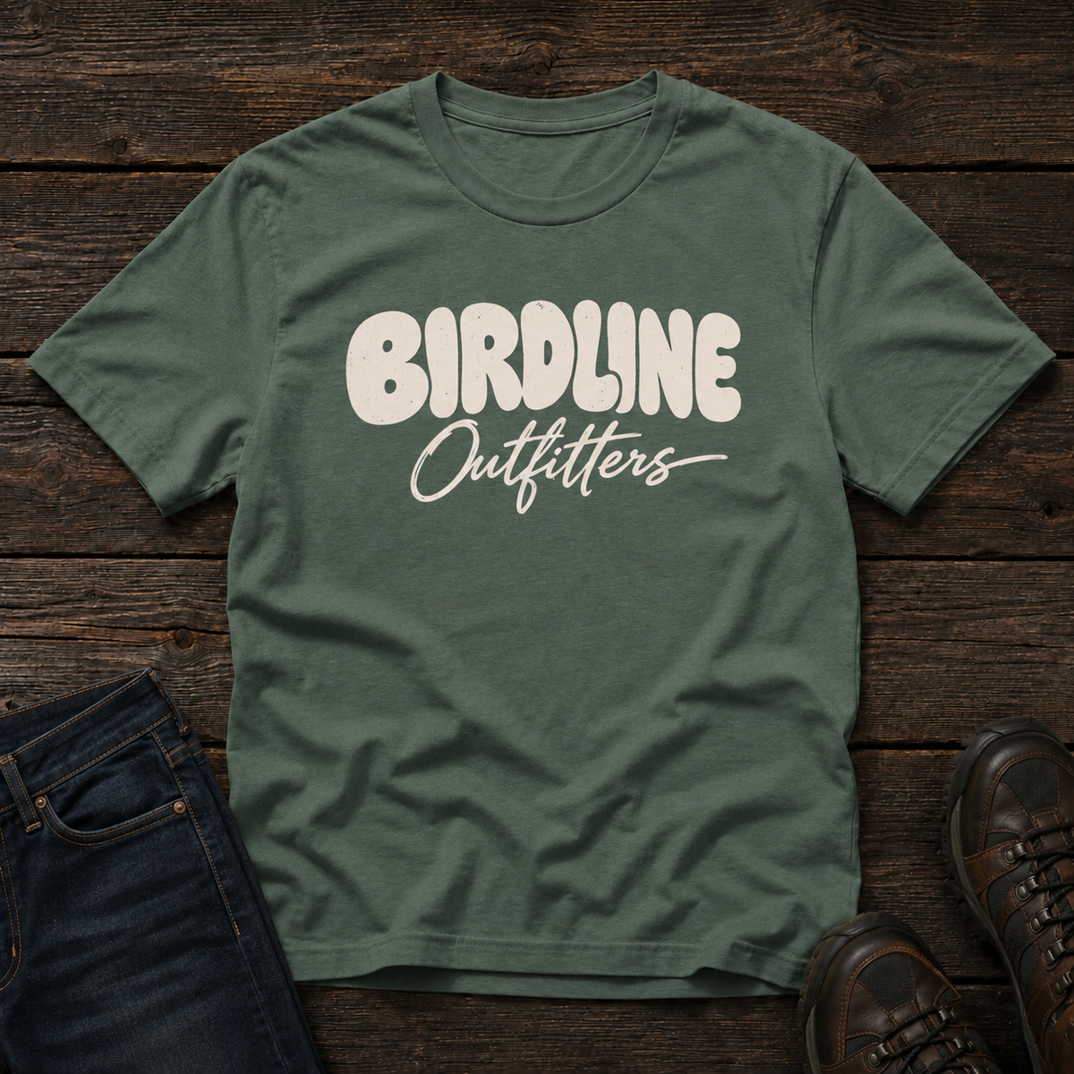 Birdline Outfitters Script T-shirt in Blue Spruce, front view