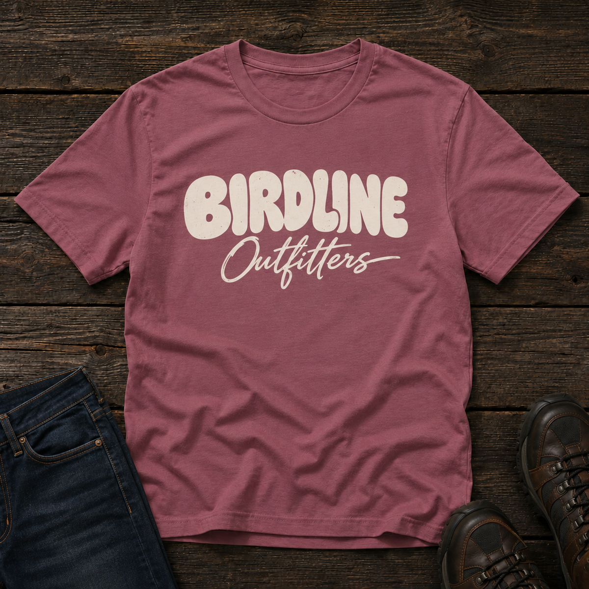 Birdline Outfitters Script T-shirt in Brick, front view