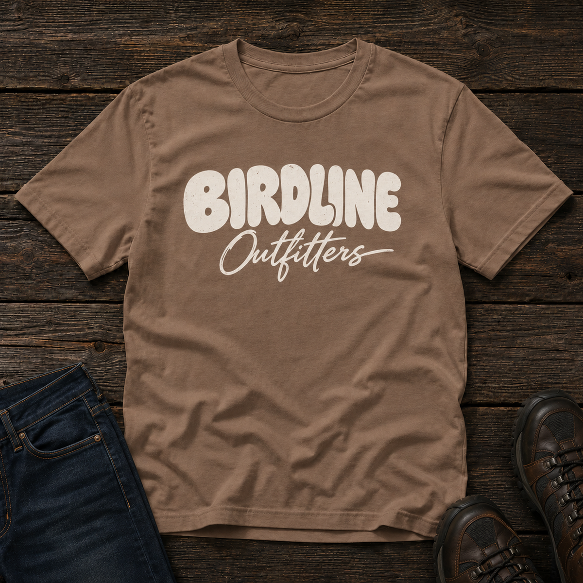 Birdline Outfitters Script T-shirt in Espresso, front view