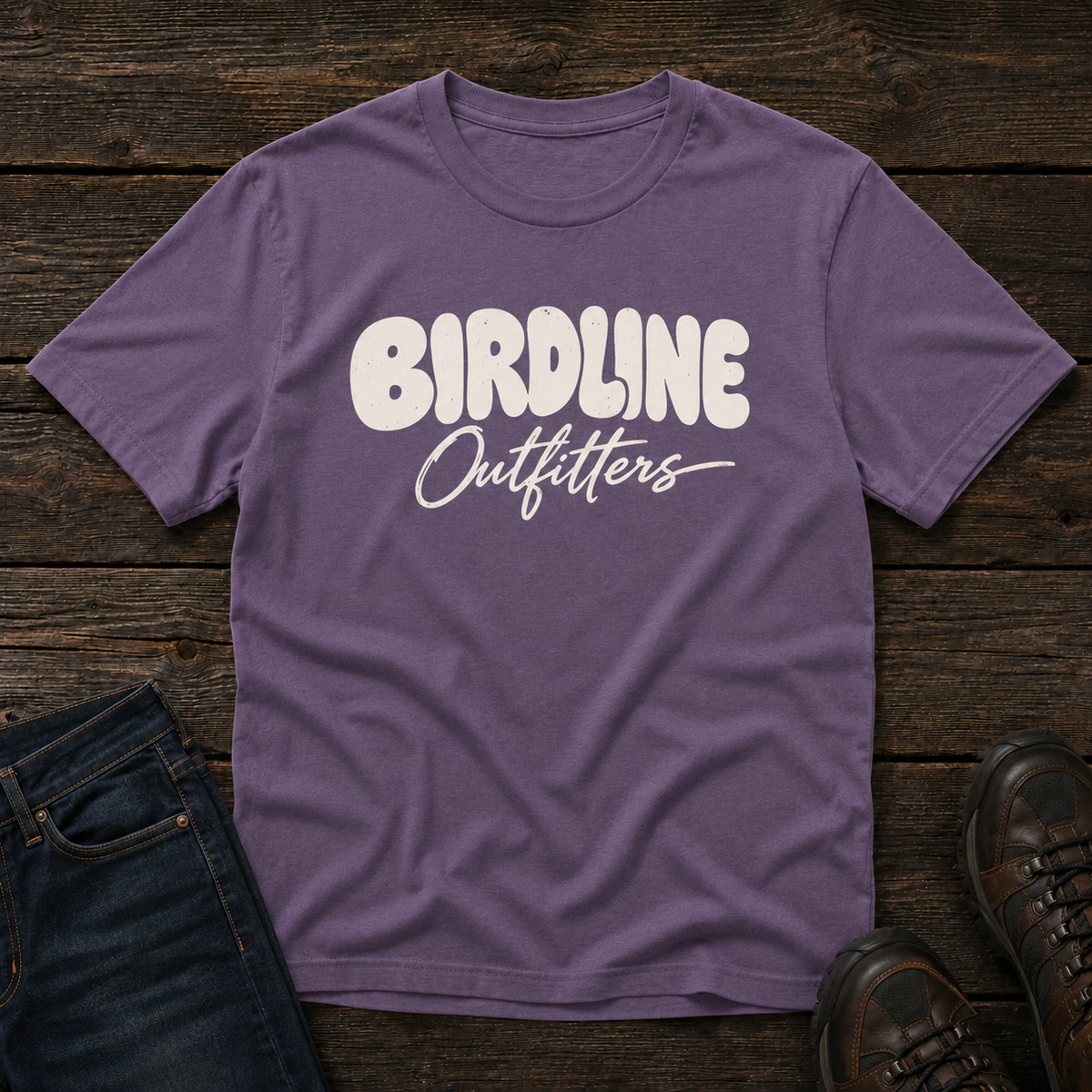 Birdline Outfitters Script T-shirt in Grape, front view