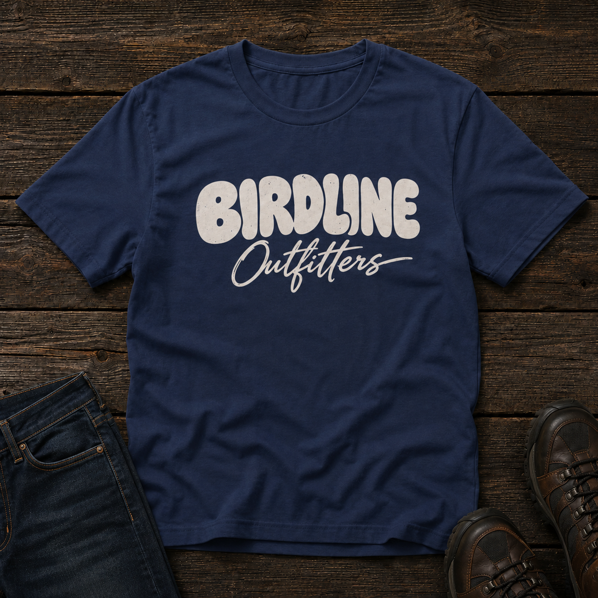 Birdline Outfitters Script T-shirt in True Navy, front view
