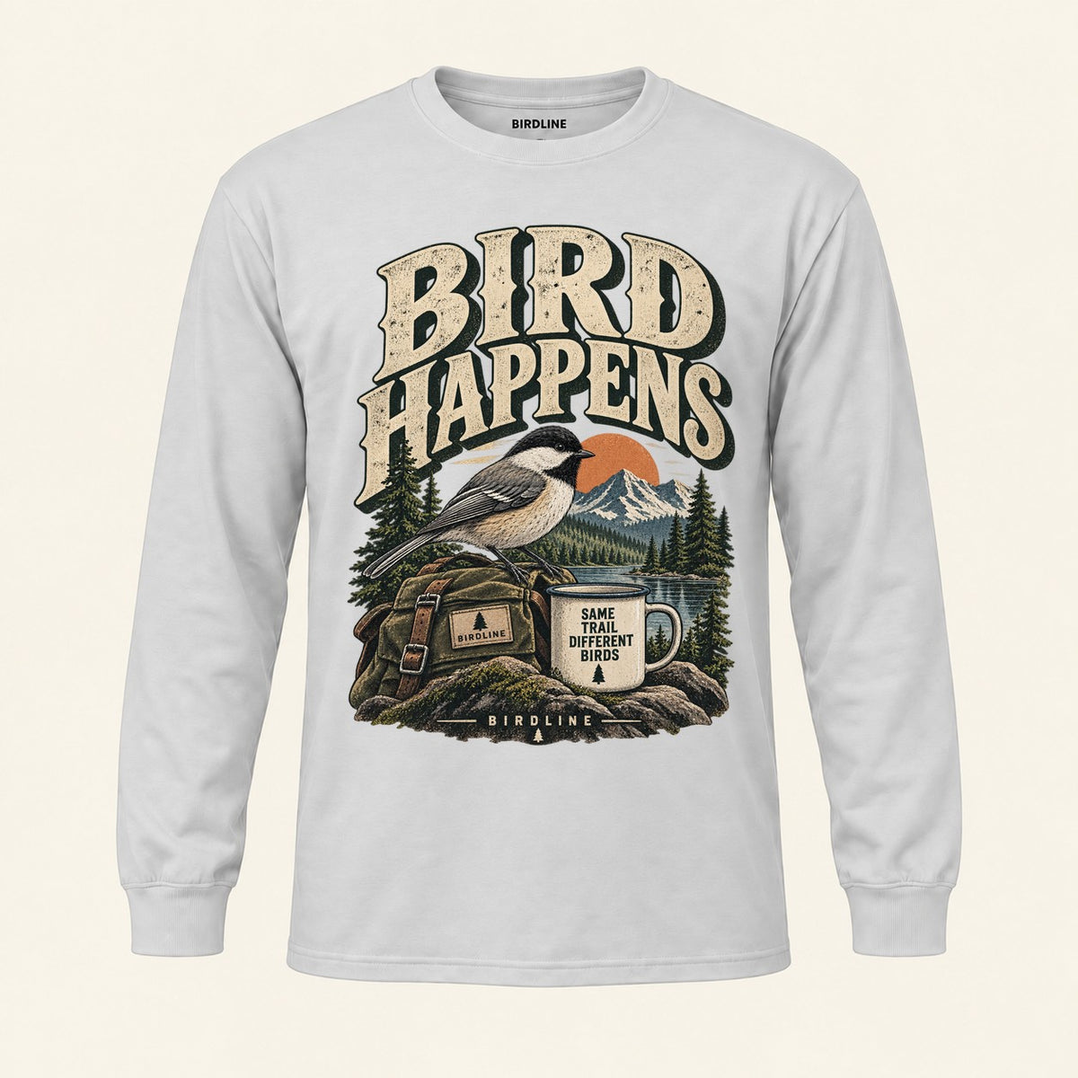Bird Happens Long Sleeve Shirt in Ash, front view