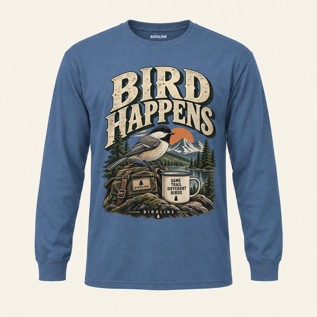 Bird Happens Long Sleeve Shirt in Indigo Blue, front view